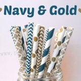 250pcs Navy & Gold Themed Paper Straws Mixed