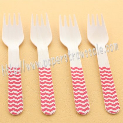 Wooden Forks Red Chevron Printed 100pcs