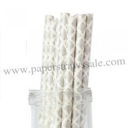 Silver Damask Printed Paper Straws 500pcs