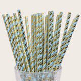 Metallic Double Gold Foil Stripe Light Blue Paper Straws 500 Pcs