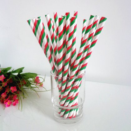 Paper Straws with Double Green Red Stripes 500pcs