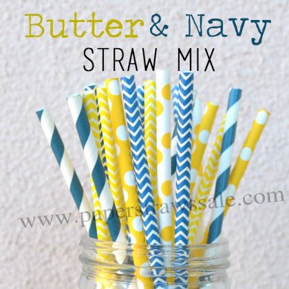 200pcs Butter and Navy Paper Straws Mixed [themedstraws040]