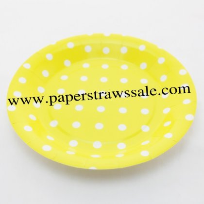 9" Yellow Round Paper Plates White Dot 60pcs