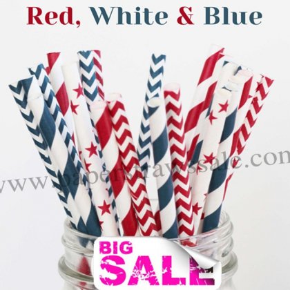 250pcs RED WHITE & BLUE Paper Straws Mixed [themedstraws132]
