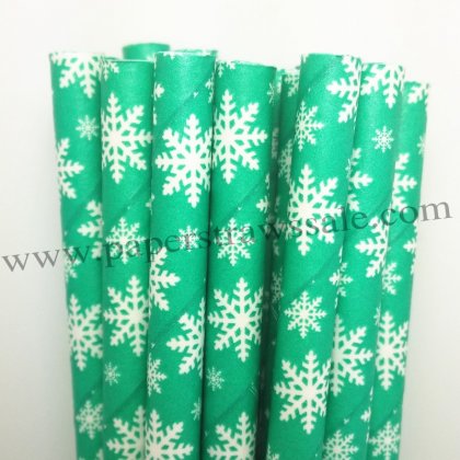 Green Paper Straws White Snowflake Print 500pcs