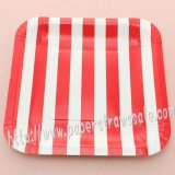 7" Red Striped Square Paper Plates 60pcs