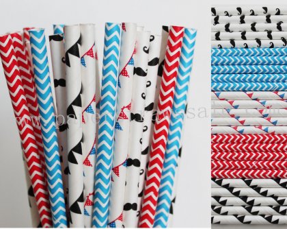 250pcs Red and Blue Mustache Paper Straws Mixed