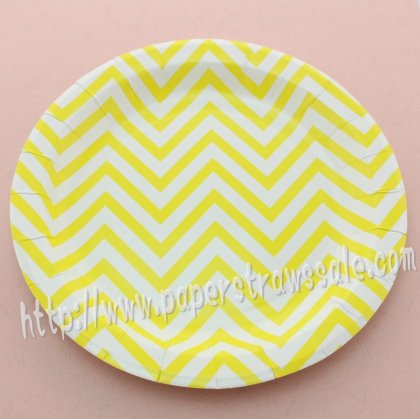 9" Round Paper Plates Yellow Zig Zag Stripes 60pcs