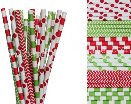 300pcs Lime Green Red Holiday Paper Straws Mixed