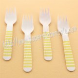 Wooden Forks Yellow Striped Printed 100pcs