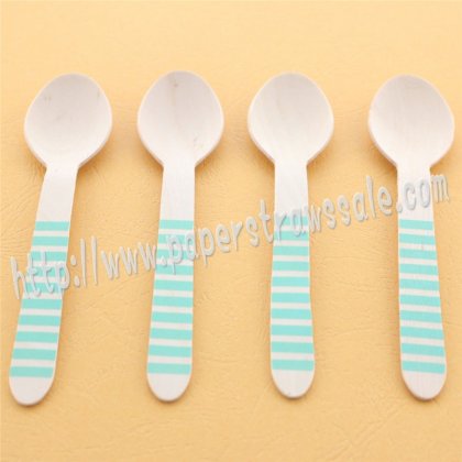 Aqua Striped Print Wooden Spoons 100pcs [wspoons014]