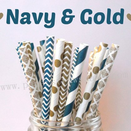 250pcs Navy & Gold Themed Paper Straws Mixed