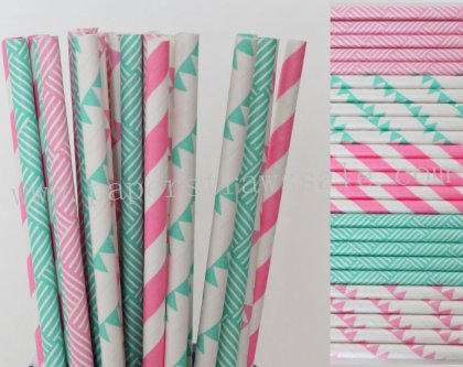 250pcs Aqua and Hot Pink Paper Straws Mixed