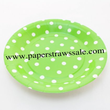 9" Green Round Paper Plates White Dot 60pcs