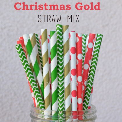 250pcs Christmas Gold Themed Paper Straws Mixed