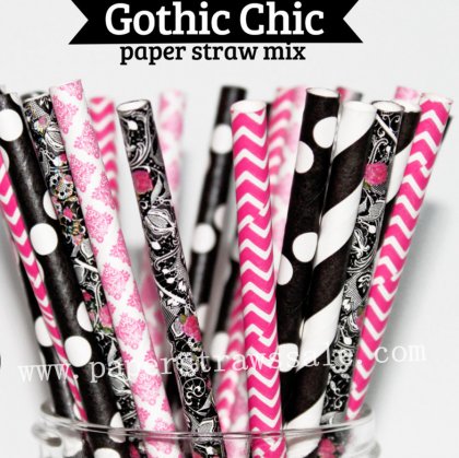 250pcs Black Pink Gothic Chic Paper Straws Mixed