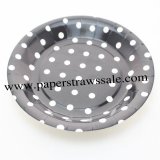9" Black Round Paper Plates White Dot 60pcs