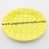 9" Yellow Round Paper Plates White Dot 60pcs
