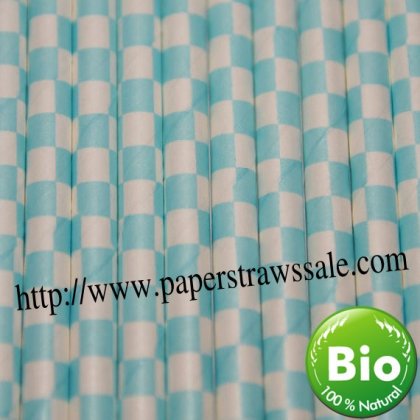 Checkered Paper Drinking Straws Light Blue 500pcs
