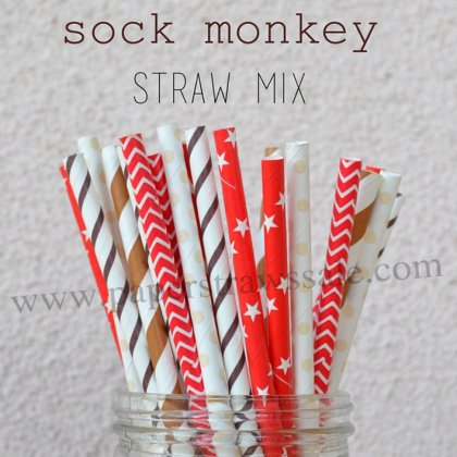 200pcs Sock Monkey Paper Straws Mixed