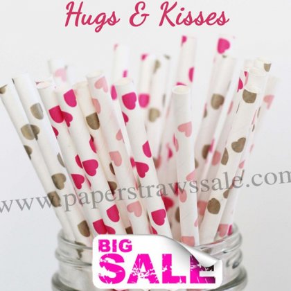 300pcs HUGS & KISSES Heart Paper Straws Mixed