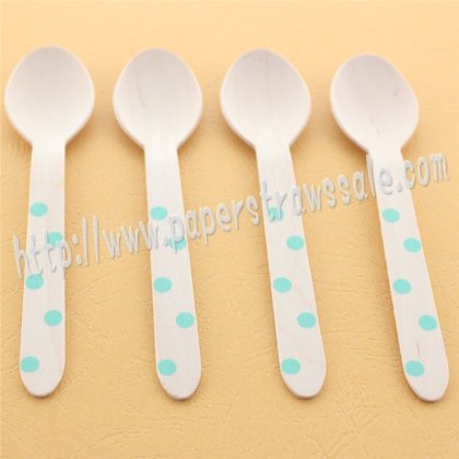 Aqua Polka Dot Print Wooden Spoons 100pcs [wspoons013]