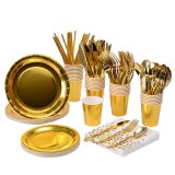 Disposable Gold Foil Party Dinnerware Set Serves 25