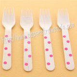 Wooden Forks Hot Pink Polka Dot Printed 100pcs