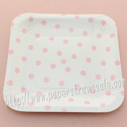 7" Pink Polka Dot Square Paper Plates 60pcs