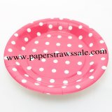 9" Deep Pink Round Paper Plates White Dot 60pcs