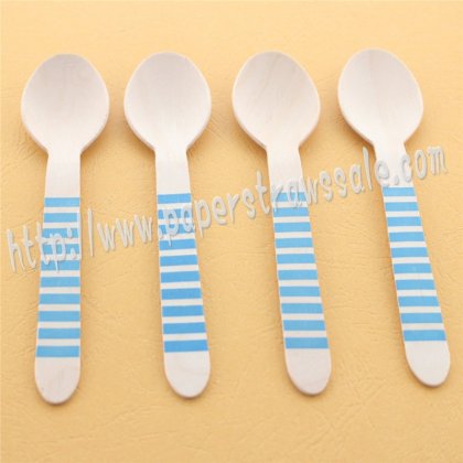 Blue Striped Print Wooden Spoons 100pcs [wspoons017]