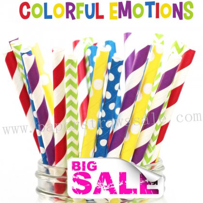 200pcs COLORFUL EMOTIONS Themed Paper Straws Mixed