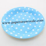 9" Blue Round Paper Plates White Dot 60pcs