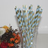 Gold Foil Light Blue Striped Paper Straws 500pcs