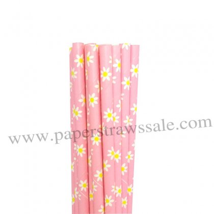 Pink Paper Drinking Straws White Yellow Daisy 500pcs