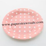9" Pink Round Paper Plates White Dot 60pcs