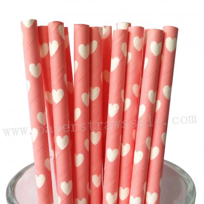 White Heart Light Pink Paper Drinking Straws 500pcs