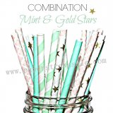 200pcs MINT & GOLD STARS Paper Straws Mixed
