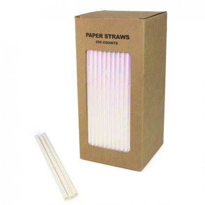 250 pcs/Box Iridescent White Foil Paper Straws [whiteiridescentstraws250]