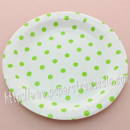 9" Round Paper Plates Green Polka Dot 60pcs