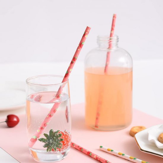 100 Pcs/Box Fruit Red Strawberry Pink Paper Straws - Click Image to Close