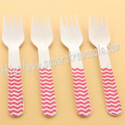 Wooden Forks Red Chevron Printed 100pcs [wforks004]