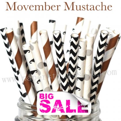 200pcs MOVEMBER MUSTACHES Themed Paper Straws Mixed [themedstraws220]