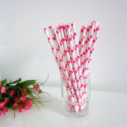 Hot Pink Polka Dot Paper Drinking Straws 500pcs [ppaperstraws005]