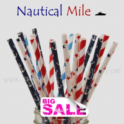 200pcs NAUTICAL MILE Themed Paper Straws Mixed [themedstraws200]