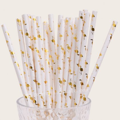 Flamingo Paper Straws White Metallic Gold Foil 500 pcs [flamingopaperstraws003]