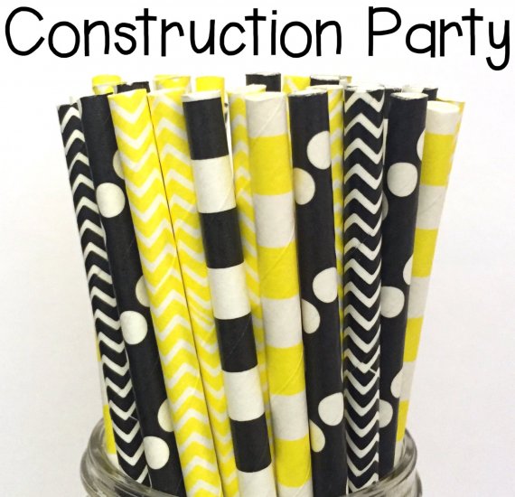 100 Pcs/Box Mixed Black Yellow Construction Party Paper Straws - Click Image to Close