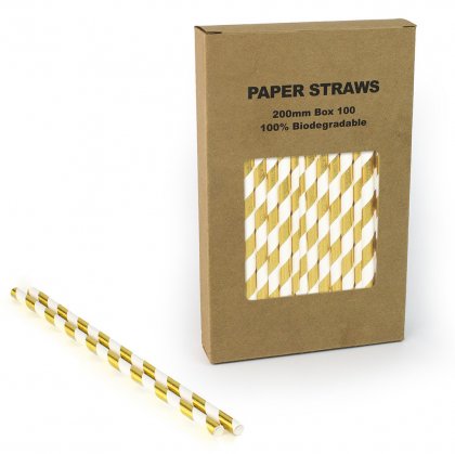 100 pcs/Box Gold Foil Striped Paper Drinking Straws