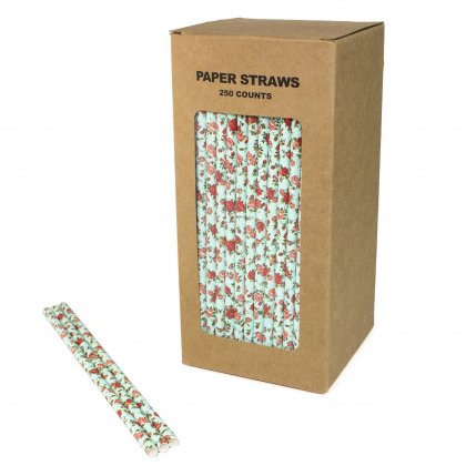 250 pcs/Box Flower Light Blue Floral Paper Straws [h002floralstraws250]