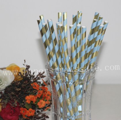 Gold Foil Light Blue Striped Paper Straws 500pcs [foilstraws014]